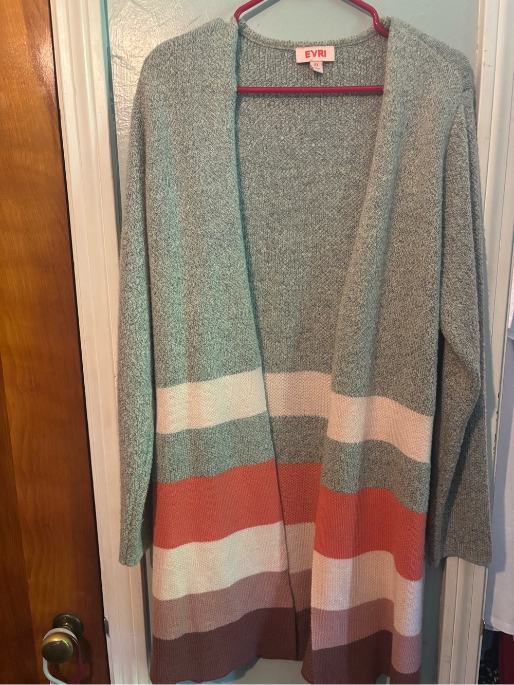 EVRI Open-Front Cardigan in Heather Gray with Coral & Cream Stripes